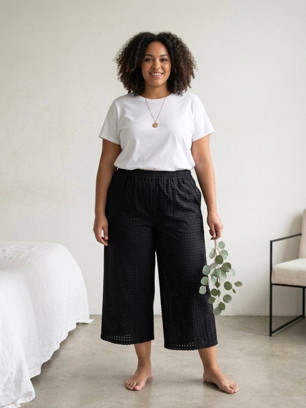 Eyelet Lace Wide Leg Cropped Pants Black 2X Plus Size Boho Lagenlook Pull On